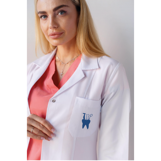 Kadın diş hekimi önlüğü alpaka 1. kalite beyaz baskılı diş doktoru önlük