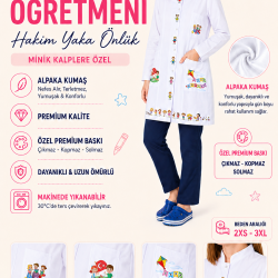 Okul öncesi öğretmeni önlüğü alpaka 1. kalite beyaz önlük baskılı bayraklı