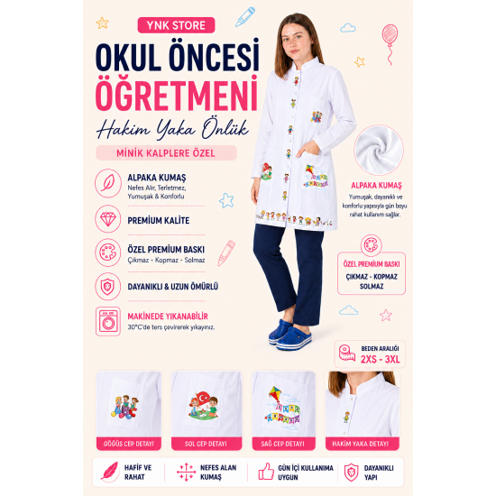 Okul öncesi öğretmeni önlüğü alpaka 1. kalite beyaz önlük baskılı bayraklı Okul öncesi öğretmeni önlüğü alpaka 1. kalite beyaz önlük baskılı bayraklı