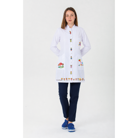 Okul öncesi öğretmeni önlüğü alpaka 1. kalite beyaz önlük baskılı bayraklı