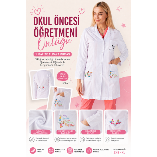 Okul Öncesi Öğretmeni Baskılı Alpaka Önlük – Renkli Cep Detaylı Okul Öncesi Öğretmeni Baskılı Alpaka Önlük – Renkli Cep Detaylı