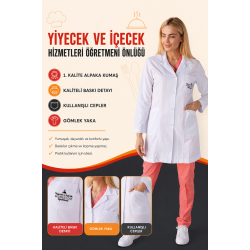 Yiyecek İçecek Hizmetleri öğretmeni kadın önlüğü orta boy alpaka beyaz önlük baskılı Yiyecek İçecek Hizmetleri öğretmeni kadın önlüğü orta boy alpaka beyaz önlük baskılı