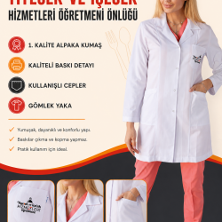 Yiyecek İçecek Hizmetleri  öğretmeni kadın önlüğü orta boy alpaka beyaz önlük baskılı 