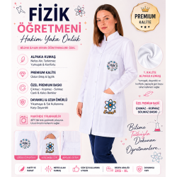 Fizik öğretmeni kadın önlüğü orta boy alpaka 1. kalite beyaz önlük baskılı 