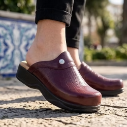Hakiki Deri Bordo Kroka Ortopedik Kadın Sabo Terlik