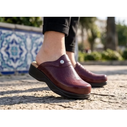 Hakiki Deri Bordo Kroka Ortopedik Kadın Sabo Terlik