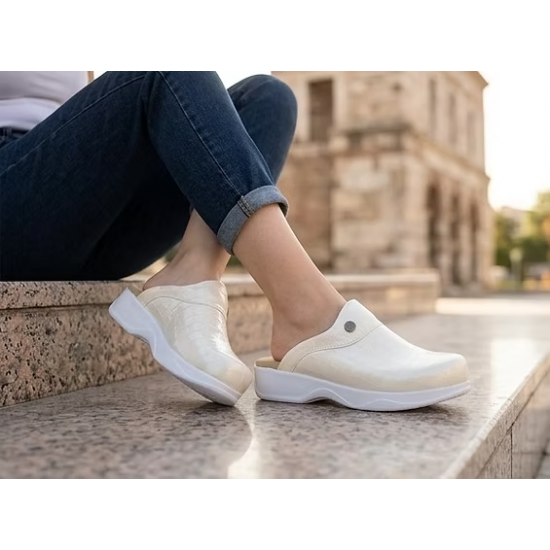 Hakiki Deri Bej Kroka Ortopedik Kadın Sabo Terlik
