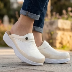 Hakiki Deri Bej Kroka Ortopedik Kadın Sabo Terlik