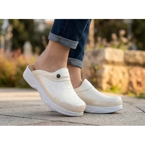 Hakiki Deri Bej Kroka Ortopedik Kadın Sabo Terlik