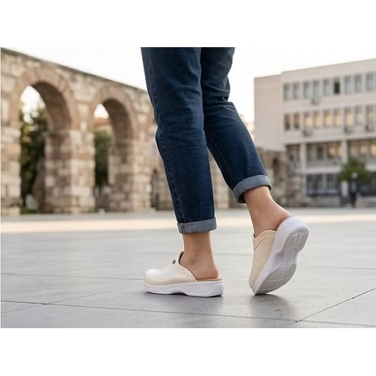 Hakiki Deri Bej Kroka Ortopedik Kadın Sabo Terlik