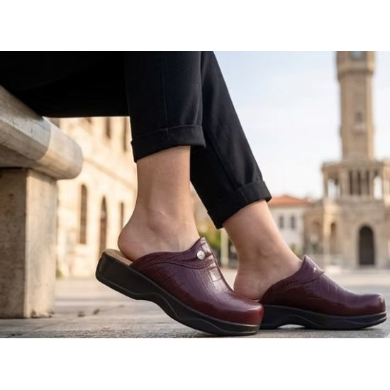 Hakiki Deri Bordo Kroka Ortopedik Kadın Sabo Terlik
